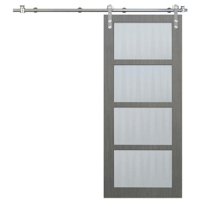 36 in. x 84 in. 4-Lite Driftwood Clear Coat Interior Sliding Barn Door with Round Stainless Steel Hardware Kit - Super Arbor