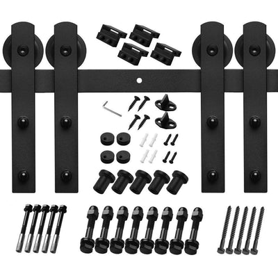 8 ft./96 in. Black Steel Straight Strap Sliding Barn Door Track and Hardware Kit for Double Doors with Floor Guide - Super Arbor