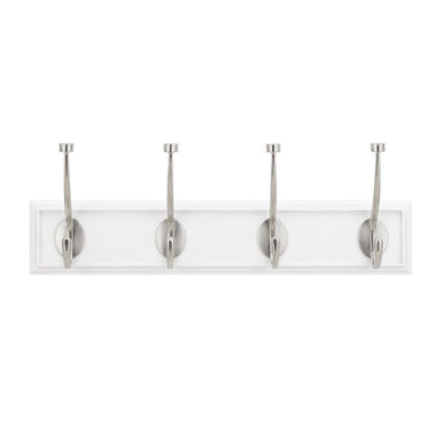 18 in. White Snap Install Hook Rack with 4 Satin Nickel Pill Top Hooks - Super Arbor