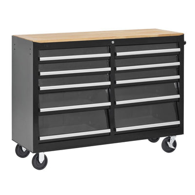 52 in. Tempered Glass 10-Drawer Center Roller Cabinet Tool Chest in Black - Super Arbor