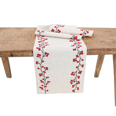 16 in. x 36 in. Holly Berry Branch Crewel Embroidered Christmas Table Runner, Natural - Super Arbor