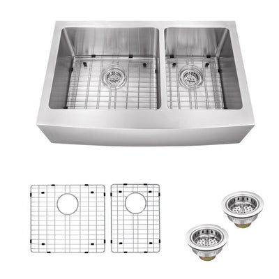 Farmhouse Apron Front Undermount 16-Gauge Stainless Steel 36 in. 60/40 Double Bowl Kitchen Sink with Grid Set and Drains - Super Arbor