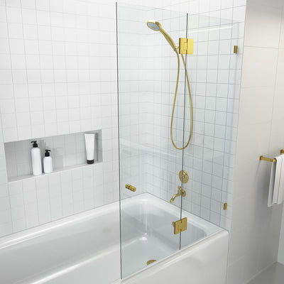 34 in. x 58 in. Frameless Glass Hinged Bathtub Door in Polished Brass - Super Arbor