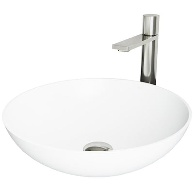 Matte Stone Round Vessel Bathroom Sink in White and Gotham Faucet in Brushed Nickel - Super Arbor