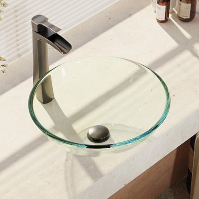 Glass Vessel Sink in Crystal with R9-7007 Faucet and Pop-Up Drain in Antique Bronze - Super Arbor