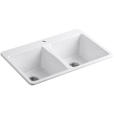 Deerfield Drop-In Cast Iron 33 in. 1-Hole Double Bowl Kitchen Sink in White - Super Arbor