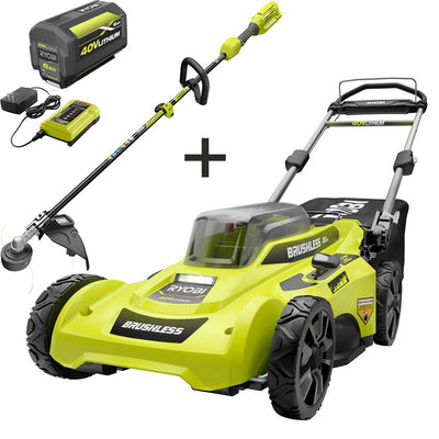 RYOBI 20 in. 40-Volt Lithium-Ion Brushless Cordless Battery Walk Behind Push Lawn Mower & Trimmer w/6.0 Ah Battery & Charger