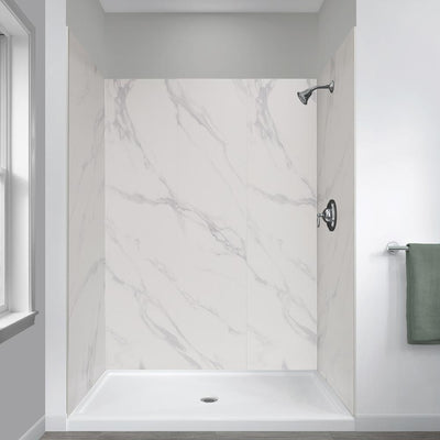 Jetcoat 34 in. x 48 in. x 78 in. Shower Kit in Carrara White with Center Drain Base in White (5-Piece) - Super Arbor