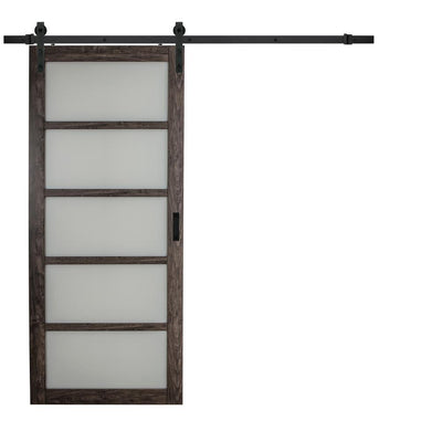 36 in. x 84 in. Iron Age Gray MDF Frosted Glass 5 Lite Design Sliding Barn Door with Rustic Hardware Kit - Super Arbor