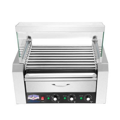 9-Hot Dog 124 sq. in. Stainless Steel Hot Dog Roller Grill with Bun Warmer and Cover - Super Arbor