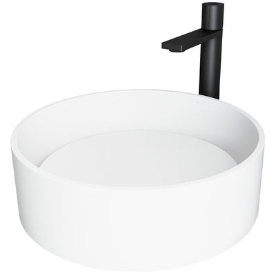 Matte Stone Round Vessel Bathroom Sink in White and Gotham Faucet in Matte Black - Super Arbor
