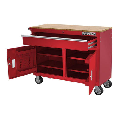 YUKON 46 in. Mobile Workbench with Solid Wood Top, Red - Super Arbor