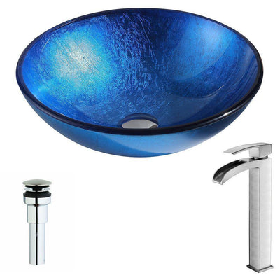 Clavier Series Deco-Glass Vessel Sink in Lustrous Blue with Key Faucet in Brushed Nickel - Super Arbor