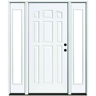 64 in. x 80 in. 9-Panel Primed White Left-Hand Steel Prehung Front Door with 12 in. Clear Glass Sidelites 4 in. Wall - Super Arbor