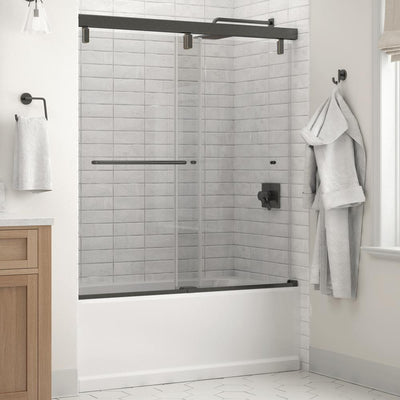 Simplicity 60 x 59-1/4 in. Frameless Mod Soft-Close Sliding Bathtub Door in Bronze with 1/4 in. (6mm) Rain Glass - Super Arbor