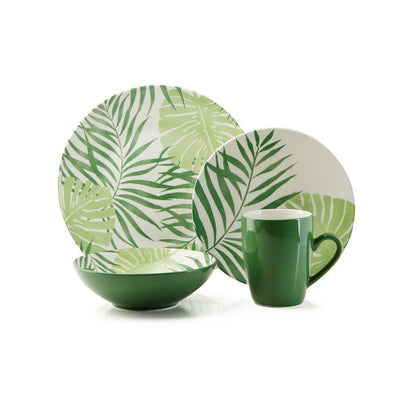 Palm Leaf 16-Piece Casual Green Ceramic Dinnerware Set (Service for 4) - Super Arbor