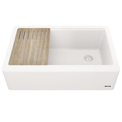Bellucci 33in. CeramTek Granite/Quartz Composite Farmhouse ApronFront Single Bowl Kitchen Sink w/ Cutting Board in White - Super Arbor