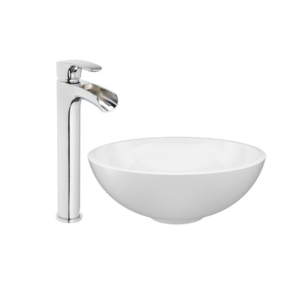 JACUZZI 16.5 in. Solid Surface Vessel Bathroom Sink Bowl in White Gloss with Vessel Filler Faucet and Pop Drain Included - Super Arbor