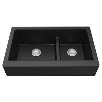 Retrofit Farmhouse/Apron-Front Quartz Composite 34 in. Double Offset Bowl Kitchen Sink in Black - Super Arbor