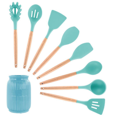 Light Teal Silicone and Wood Cooking Utensils (Set of 9) - Super Arbor