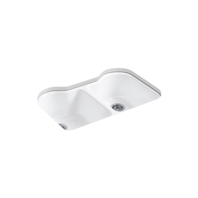 Hartland Undermount Cast Iron 33 in. 5-Hole Double Bowl Kitchen Sink in White - Super Arbor