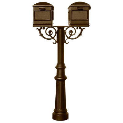 Hanford Bronze Post Mount Non-Locking Twin Mailbox with Scroll Supports - Super Arbor