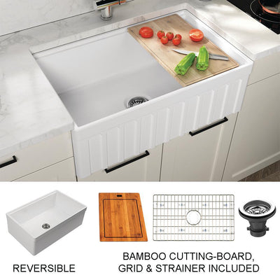 Yorkshire Farmhouse Fireclay 30 in. Single Bowl Kitchen Sink with Cutting-Board, Grid Strainer in White - Super Arbor