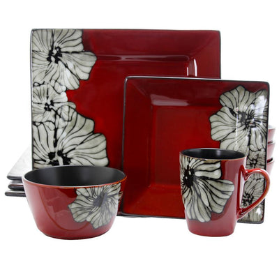 Winter Bloom 16-Piece Asian Inspired Red Earthenware Dinnerware Set (Service for 4) - Super Arbor