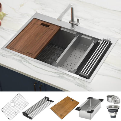 Drop-In Stainless Steel 33 in. Workstation Ledge Topmount Kitchen Sink 16-Gauge Single Bowl - Super Arbor