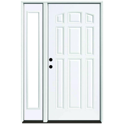 53 in. x 80 in. 9-Panel Primed White Right-Hand Steel Prehung Front Door with 14 in. Clear Glass Sidelite 4 in. Wall - Super Arbor