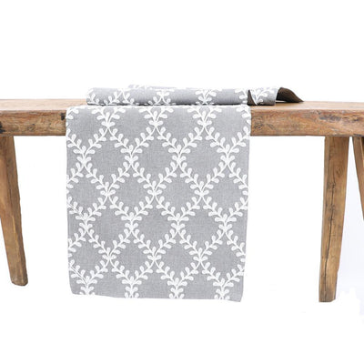 15 in. x 90 in. Piluki Leaf Crewel Embroidered Table Runner, Gray - Super Arbor