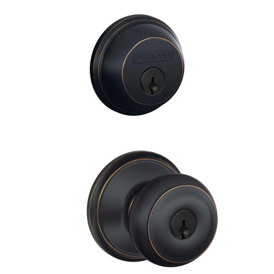 Schlage Georgian Aged Bronze Knob and Single Cylinder Deadbolt ANSI Grade 2 1-3/4 in.