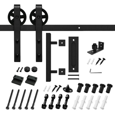 6.6 ft./79 in. Black Steel Strap Sliding Barn Door Track and Hardware Kit with 12 in. Square Handle and Floor Guide - Super Arbor