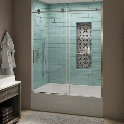 Coraline XL 56 - 60 in. x 70 in. Frameless Sliding Tub Door with StarCast Clear Glass in Brushed Gold, Left Opening - Super Arbor