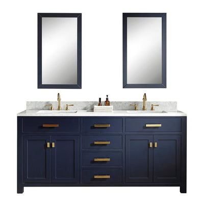 Madison 72 in. Bath Vanity in Monarch Blue with Carrara White Marble Vanity Top with White Basins - Super Arbor