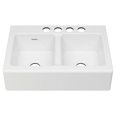 Delancey Farmhouse Apron Front Cast Iron 33 in. 4-Hole Double Bowl Kitchen Sink in Brilliant White - Super Arbor