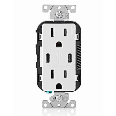 15 Amp 125-Volt Tamper-Resistant Duplex Outlet/30-Watt 6 Amp USB Dual Type-C with Power Delivery In-Wall Charger, White - Super Arbor