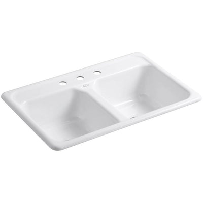 Delafield Drop-In Cast Iron 33 in. 3-Hole Double Bowl Kitchen Sink in White - Super Arbor