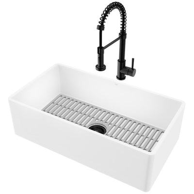 Matte Stone White Composite 33 in. Single Bowl Flat Farmhouse Kitchen Sink with Strainer, Grid and Faucet in Black - Super Arbor