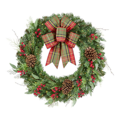 30 in. Woodmoore Battery Operated Mixed Pine LED Pre-Lit Artificial Christmas Wreath with Timer and Plaid Ribbon