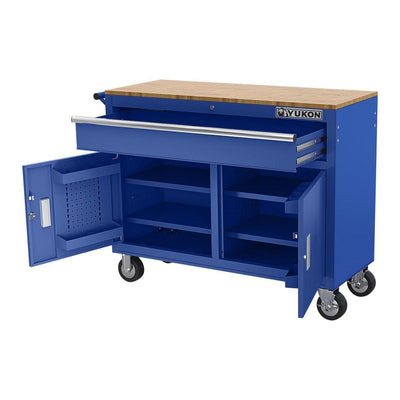 YUKON 46 in. Mobile Workbench with Solid Wood Top, Blue - Super Arbor