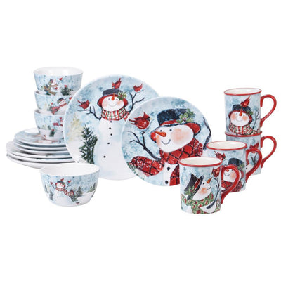 Watercolor Snowman 16-Piece Holiday Multicolored Earthenware Dinnerware Set (Service for 4) - Super Arbor