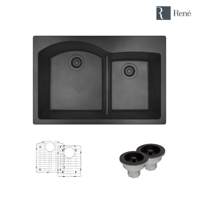 Granite Composite 33 in. 60/40 Double Bowl Drop-in Kitchen Sink in Carbon Sink Kit - Super Arbor