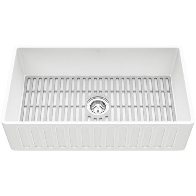 Matte Stone White Composite 33 in. Single Bowl Farmhouse Apron-Front Kitchen Sink Set with Strainer and Silicone Grid - Super Arbor