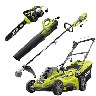 RYOBI 16 in. 13 Amp Corded Electric Walk Behind Push Mower/Blower/Chainsaw/String Trimmer Kit (4-Tool)