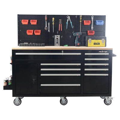 62 in. 10-Drawer Black Tool Chest Cabinet with Pegboard Back Wall, Heavy-Duty Mobile Workbench - Super Arbor