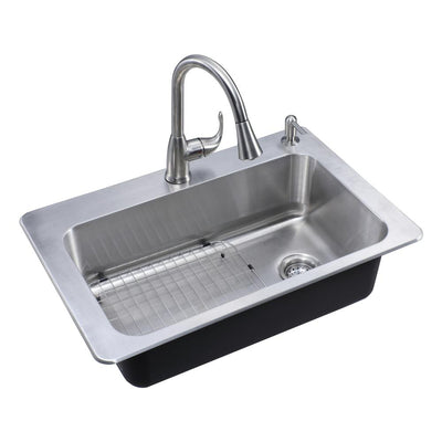 All-in-One Dual Mount Stainless Steel 33 in. 2-Hole Single Bowl Kitchen Sink in Brushed with Faucet - Super Arbor