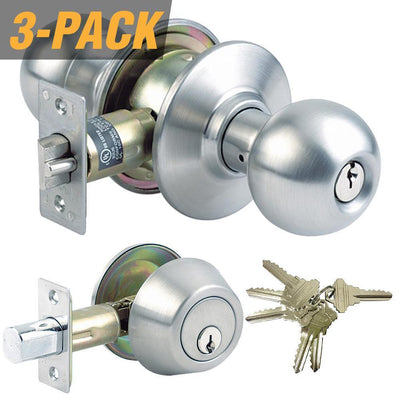 Stainless Steel Grade 3 Combo Lock Set with Entry Door Knob and Deadbolt, 18 SC1 Keys Total, (3-Pack, Keyed Alike) - Super Arbor