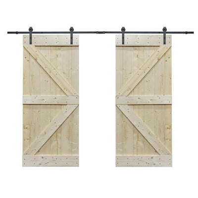 60 in. x 84 in. Unfinished Solid Core Knotty Pine Sliding Barn Door with Hardware Kit - Super Arbor