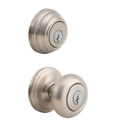 Juno Satin Nickel Exterior Entry Door Knob and Single Cylinder Deadbolt Combo Pack Featuring SmartKey Security - Super Arbor